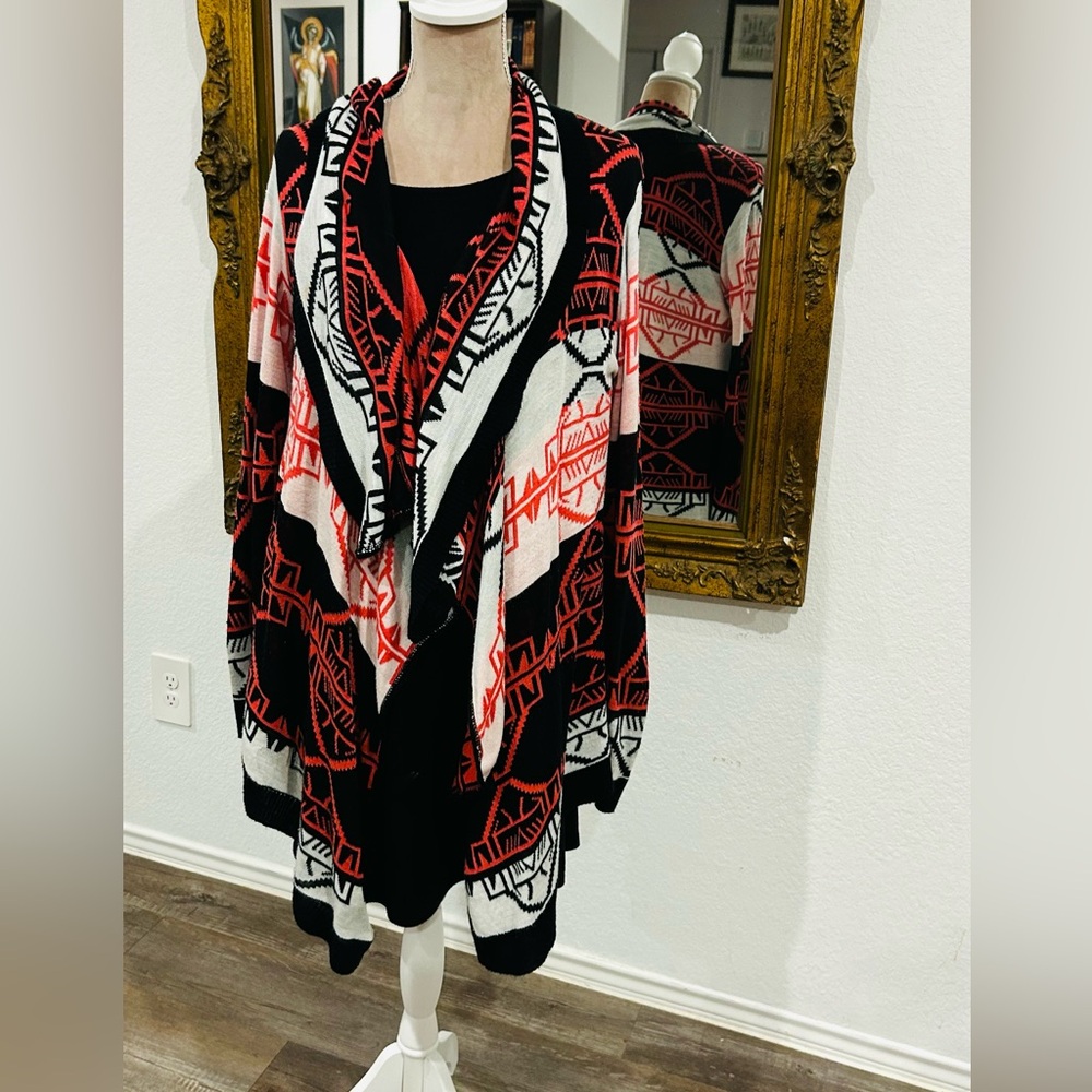 Southwestern Aztec Tribal Western Waterfall Open Front Cardigan Sweater Sz 1X - Picture 3 of 8